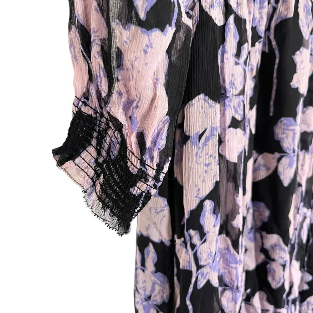 Diane Von Furstenberg Athena Black Purple Floral Printed Silk Midi Dress Size XS